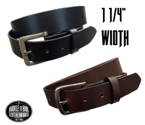 This handmade, real leather belt starts with a drum dyed (colored all the way through)  8-9oz leather belt strip that's just under and eighth of an inch thick and comes with an Antique Silver colored buckle that is snapped in for easy removal.   It is handmade in our Smyrna, TN shop, which is located just outside of Nashville.  This full grain leather has a classic semi-gloss finish that looks great dressed up or down.  It is 1 1/4" wide and available in sizes 34" to 44". 