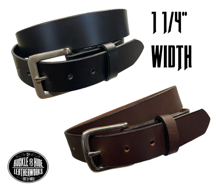 Buy the COMBO and Save! Buy the COMBO and Save! Great for The Office! This handmade, real leather belt starts with a drum dyed (colored all the way through) 8-9oz leather belt strip that's just under and eighth of an inch thick and comes with an Antique Silver colored buckle that is snapped in for easy removal. It is handmade in our Smyrna, TN shop, which is located just outside of Nashville. It has a smooth feel and has beveled and painted edges.