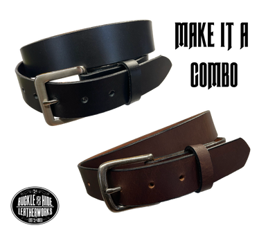 This handmade, real leather belt starts with a drum dyed (colored all the way through)  8-9oz leather belt strip that's just under and eighth of an inch thick and comes with an Antique Silver colored buckle that is snapped in for easy removal.   It is handmade in our Smyrna, TN shop, which is located just outside of Nashville.  This full grain leather has a classic semi-gloss finish that looks great dressed up or down.  It is 1 1/4" wide and available in sizes 34" to 44". 
