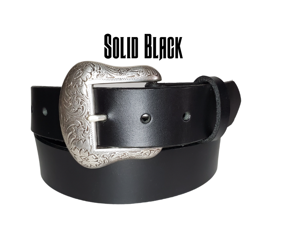 "The Sheridan" named after the well known town in Wyoming. The buckle has a Western Scroll pattern in a antique silver color that is right at home on the Ranch or Downtown, Belt is a solid strip of leather and made in our shop in Smyrna, TN, just outside of Nashville. Belt is 1 1/2" wide, choose from either distressed brown, black, or chocolate brown. Sizes available from 34"-44". Buckle is imported. Available in our retail and online shops.