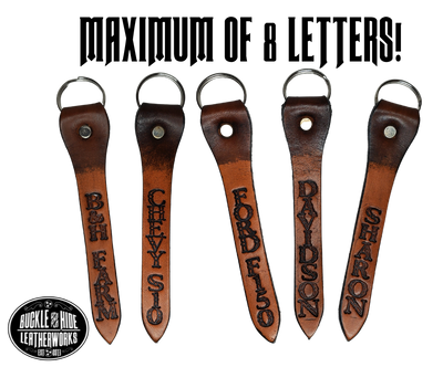 Our Leather keychain embossed similar to our popular belts.  Add your name MAXIMUM OF 8 LETTERS! Great for identifying luggage, backpacks, or you keys! Available in the below choices All colored in our popular 2 TONE BROWN, pick one or a few. Made in our Smyrna Tn. shop.