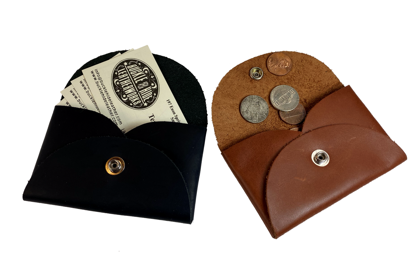 Handmade leather coin wallet with silver colored snap closure  so that coins and other small items may be carried.  Fits in the palm of the hand. BUY MORE and SAVE!  Available in either assorted brown or black leather.  Made in USA