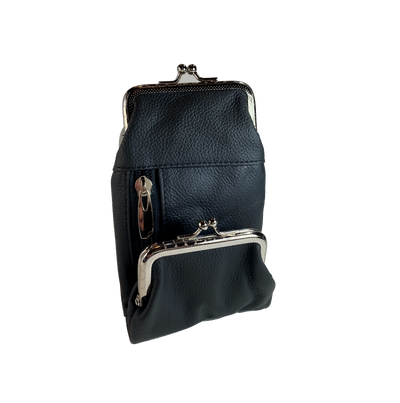This is a versatile case, it has 2 pockets with clasp closures, plus a zippered hidden pocket. Great for lots of stuff in a small compact case. Choose solid Black or Earth tones. Since we buy these assorted we will send whichever browns we have in stock.
