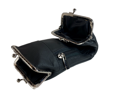 This is a versatile case, it has 2 pockets with clasp closures, plus a zippered hidden pocket. Great for lots of stuff in a small compact case. Choose solid Black or Earth tones. Since we buy these assorted we will send whichever browns we have in stock.