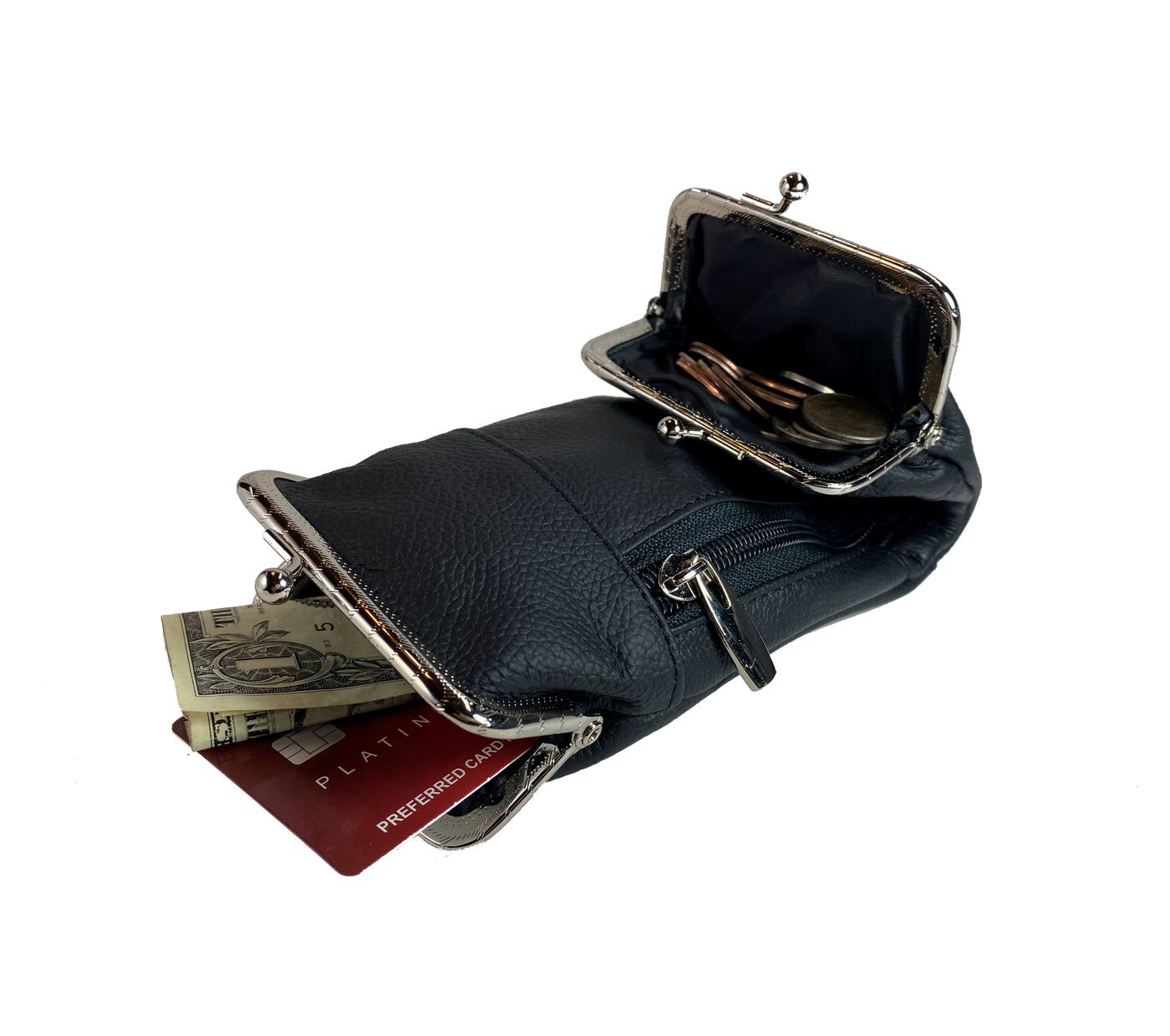 This is a versatile case, it has 2 pockets with clasp closures, plus a zippered hidden pocket. Great for lots of stuff in a small compact case. Choose solid Black or Earth tones. Since we buy these assorted we will send whichever browns we have in stock. open view