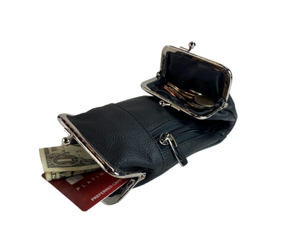 This is a versatile case, it has 2 pockets with clasp closures, plus a zippered hidden pocket. Great for lots of stuff in a small compact case. Choose solid Black or Earth tones. Since we buy these assorted we will send whichever browns we have in stock. open view