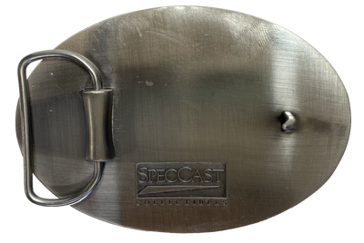 Fully Licensed Black Allis Chalmers Milwaukee Belt Buckle, oval shaped with classic logo in Orange and Beige. Size 3 3/4" wide x 2 3/4" height, Fits up to 1 1/2" wide belts. Available in our shop in Smyrna, TN just outside Nashville as well as from this online store.