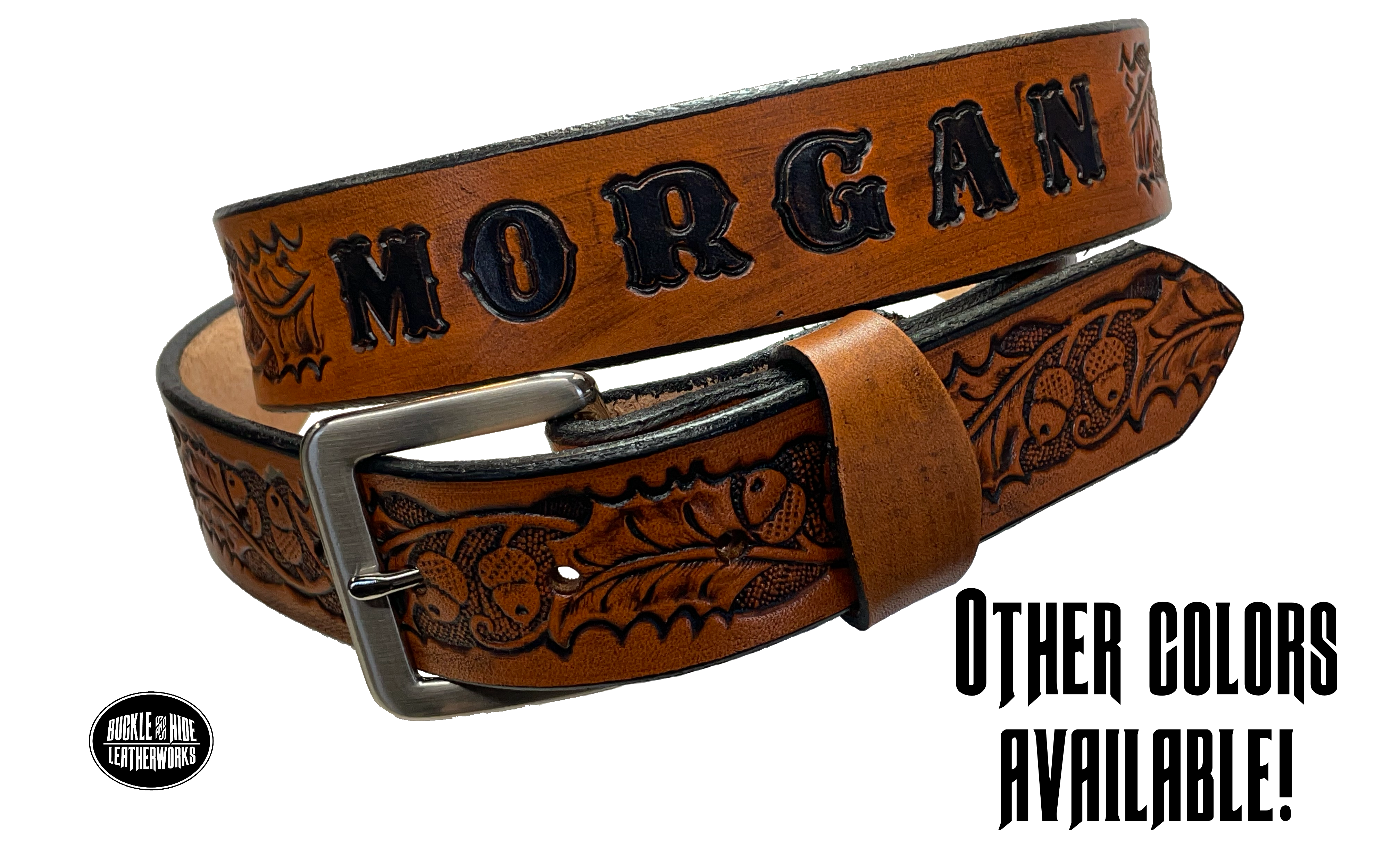 The Tall Oak Name Leather Belt is crafted from strong, high-quality Veg tan leather with an embossed Oak and Acorn pattern. Choose your finish and a name if desired. Its solid Antique nickel brass buckle is easy to change with included snaps, perfect for everyday wear. Handmade outside of Nashville in Smyrna, TN.