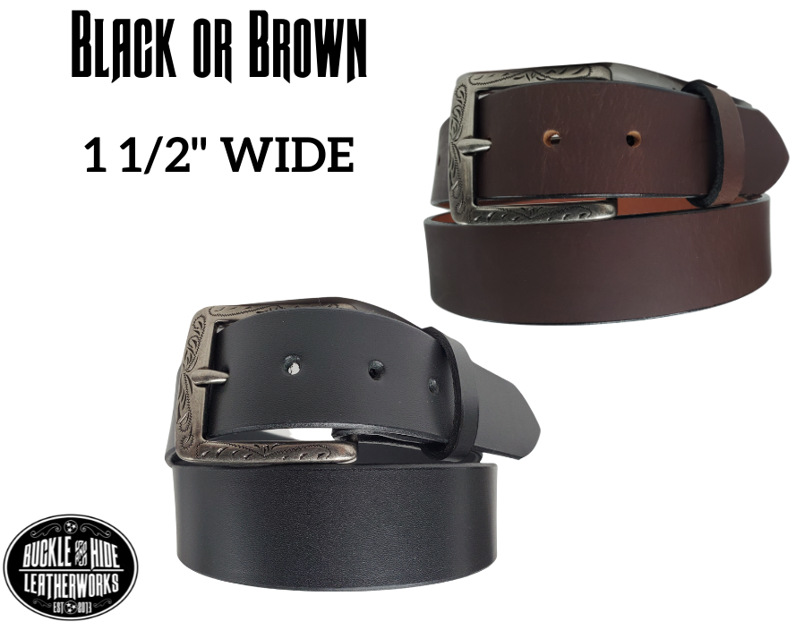 The Telluride named after a old mining town in Colorado. This full grain leather belt has a look that looks great dressed up or down. It has beveled, smooth black edges and is handmade in Smyrna, TN just outside Nashville. The Ornate scroll designed antique silver buckle is snapped in place. Our shop favorite, our customer favorite, this belt starts with a unique leather – water buffalo! After a short break-in period, this will be the most comfortable casual belt you will ever own.