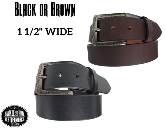 The Telluride named after a old mining town in Colorado. This full grain leather belt has a look that looks great dressed up or down. It has beveled, smooth black edges and is handmade in Smyrna, TN just outside Nashville. The Ornate scroll designed antique silver buckle is snapped in place. Our shop favorite, our customer favorite, this belt starts with a unique leather – water buffalo! After a short break-in period, this will be the most comfortable casual belt you will ever own.