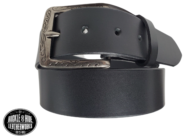 This full grain brown leather belt has a dull look that appears great dressed up or down.  It has beveled, smooth black edges and is handmade in Smyrna, TN just outside Nashville.  The Ornate scroll designed antique silver buckle is snapped in place. Our shop favorite, our customer favorite, After a short break-in period, this will be the most comfortable casual belt you will ever own.  It is 1 1/2" wide and available in sizes 34" to 44". Choose Black or Brown.