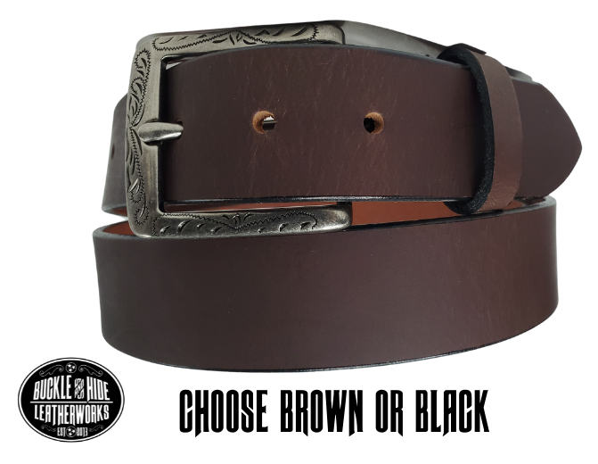 The Telluride named after a old mining town in Colorado. This full grain leather belt has a look that looks great dressed up or down. It has beveled, smooth black edges and is handmade in Smyrna, TN just outside Nashville. The Ornate scroll designed antique silver buckle is snapped in place. Our shop favorite, our customer favorite, this belt starts with a unique leather – water buffalo! After a short break-in period, this will be the most comfortable casual belt you will ever own.