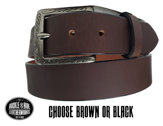 The Telluride named after a old mining town in Colorado. This full grain leather belt has a look that looks great dressed up or down. It has beveled, smooth black edges and is handmade in Smyrna, TN just outside Nashville. The Ornate scroll designed antique silver buckle is snapped in place. Our shop favorite, our customer favorite, this belt starts with a unique leather – water buffalo! After a short break-in period, this will be the most comfortable casual belt you will ever own.