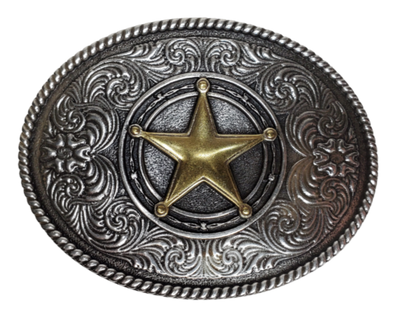 The Classic Star Western scroll with a subtle hint of Barbwire, a rope border on a oval shaped antique silver colored buckle. Perfect for 1 1/2" Brown or Black belts with it's Antiqued Nickel appearance. Buckle size is approx. 3" x 4" that makes it great for most body styles. Imported.