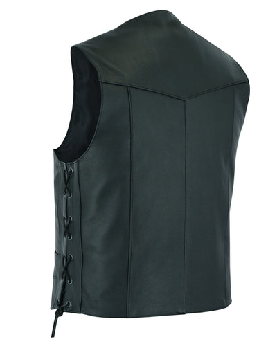 Black leather side laced motorcycle riding vest.  Made from lighter weight cowhide and contains conceal carry pockets on front insides. It has a 3 panel pack and snap front closure. It has a v-neck opening.  Available for purchase in our leather shop in Smyrna, TN, near Nashville.  Available in sizes small to 5x.