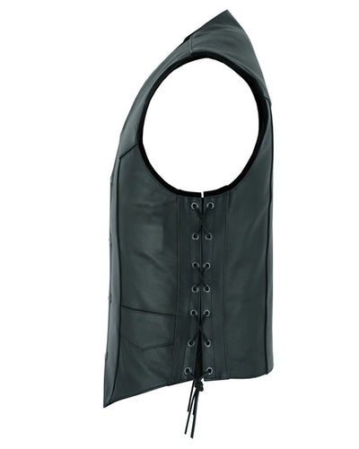 Black leather side laced motorcycle riding vest.  Made from lighter weight cowhide and contains conceal carry pockets on front insides. It has a 3 panel pack and snap front closure. It has a v-neck opening.  Available for purchase in our leather shop in Smyrna, TN, near Nashville.  Available in sizes small to 5x.