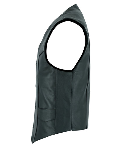 Black leather motorcycle riding vest with snap front closure. Made from lighter weight cowhide. Includes conceal carry pockets inside front on both sides. This vest has solid sides without lace and a 3 panel back. Available for purchase in our leather shop in Smyrna, TN, near Nashville. 