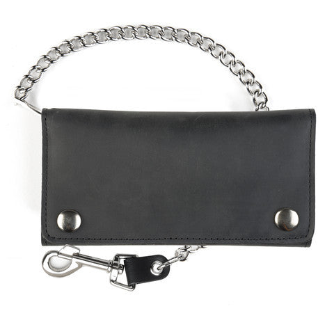 With having cards for almost everything, now, this chain wallet delivers. This chain wallet has 3 folding sections to hold cards, money, and more!  Simple Black Tri-Fold Biker Wallet 13 Card Slots 1 Clear ID slot Inside pocket with zipper Secure Snap Closure 7.00” x 3.75"