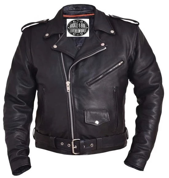 Originally designed in 1928 this Classic jacket never goes out of style. Whether you ride a Harley or are in a Ramones tribute band your good to go! Quilted zip out lining. A staple jacket in our shop.  Premium Naked Cowhide (NOT cheap split leather that feels like a brick) Full belt 2 Zippered front pockets, 1 snapped Full leather back Stocked 44-60 Available in our Smyrna, TN shop