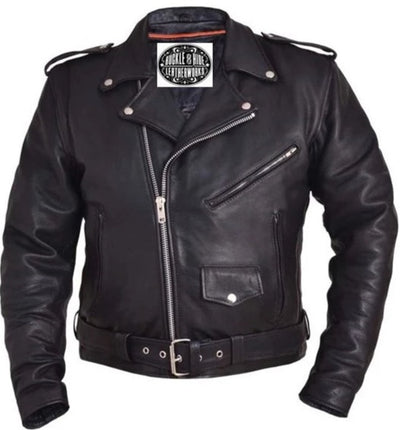 Originally designed in 1928 this Classic jacket never goes out of style. Whether you ride a Harley or are in a Ramones tribute band your good to go! Quilted zip out lining. A staple jacket in our shop.  Premium Naked Cowhide (NOT cheap split leather that feels like a brick) Full belt 2 Zippered front pockets, 1 snapped Full leather back Stocked 44-60 Available in our Smyrna, TN shop