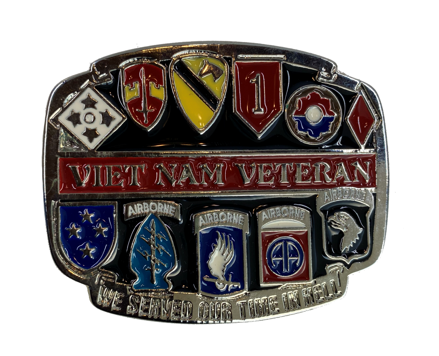 Very Unique Viet Nam Belt Buckle with specific unit emblems. Made from pewter with enameled colors of each unit. Great as a gift or for yourself. Fits up 1 /2" belts. Sold online or in our shop in Smyrna, TN, just outside of Nashville.