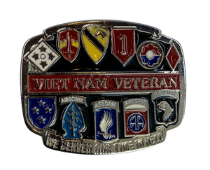 Very Unique Viet Nam Belt Buckle with specific unit emblems. Made from pewter with enameled colors of each unit. Great as a gift or for yourself. Fits up 1 /2" belts. Sold online or in our shop in Smyrna, TN, just outside of Nashville.
