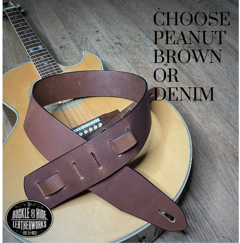 This is our basic "Tone" series. Not Flashy but all Tone! It's made from 1/8" thick drum Peanut Brown or Denim water Buffalo leather and looks great with a vintage Tele, Strat or Acoustic guitars. The main strap is made from a single strip of leather with beveled and .  Made just outside Nashville in Smyrna, TN. Choose a 2" or 2 1/2" wide strap with a classic adjustment style.  