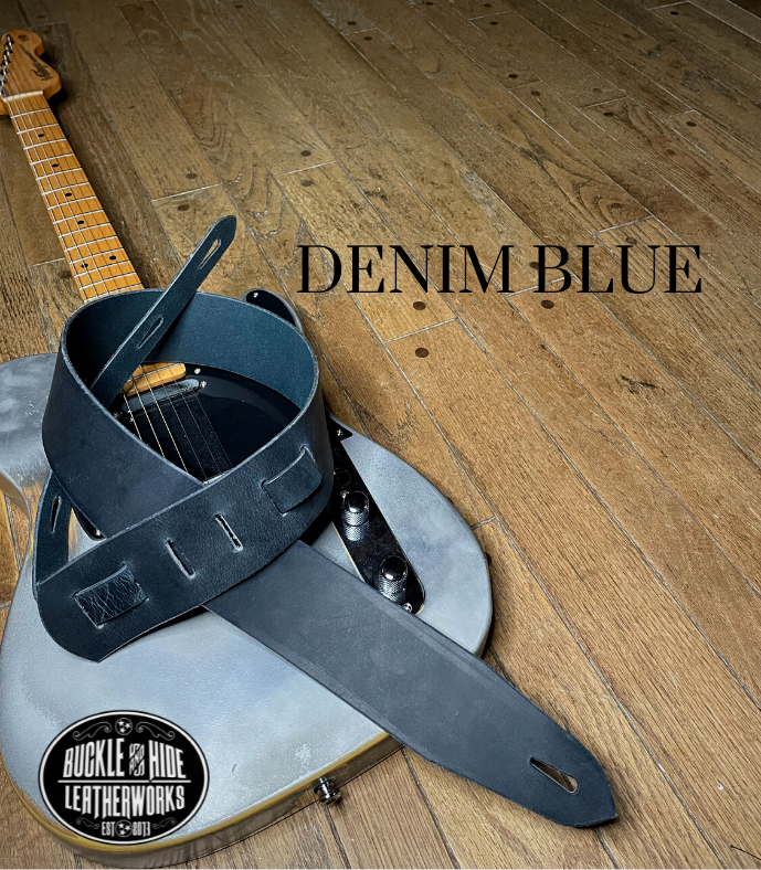 This is our basic "Tone" series. Not Flashy but all Tone! It's made from 1/8" thick drum Peanut Brown or Denim water Buffalo leather and looks great with a vintage Tele, Strat or Acoustic guitars. The main strap is made from a single strip of leather with beveled and .  Made just outside Nashville in Smyrna, TN. Choose a 2" or 2 1/2" wide strap with a classic adjustment style.  
