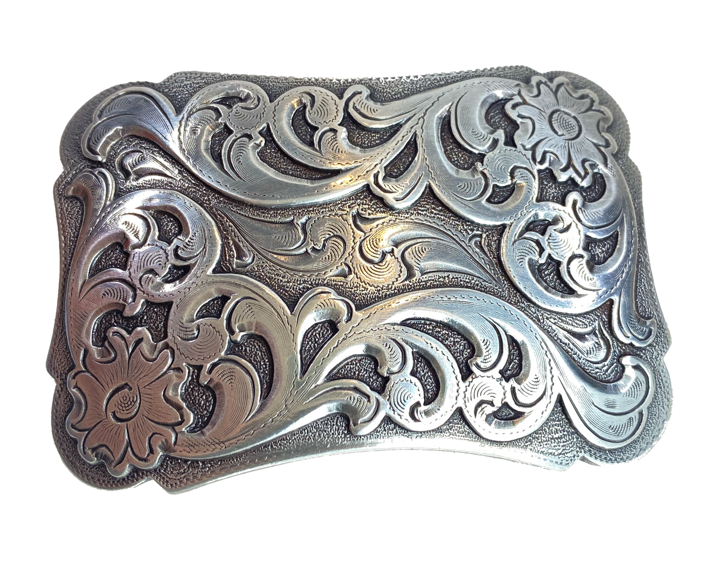 A ornate Classic Western scroll design in Antique Nickle that looks great on plain 1 1/2" Black or Brown belt. A easy to wear rectangle shape that's not too big. Not to cowboy or cowgirl just enough of the west. Imported