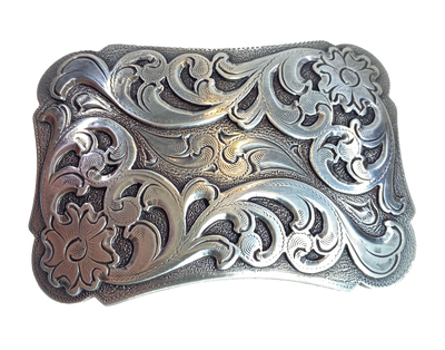 A ornate Classic Western scroll design in Antique Nickle that looks great on plain 1 1/2" Black or Brown belt. A easy to wear rectangle shape that's not too big. Not to cowboy or cowgirl just enough of the west. Imported